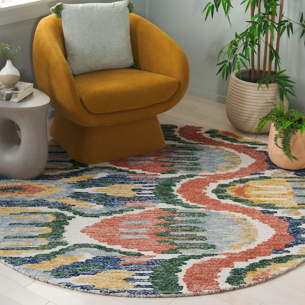 Ikat 6 ft. x 6 ft. Green/Rust Abstract Mayan Round Area Rug