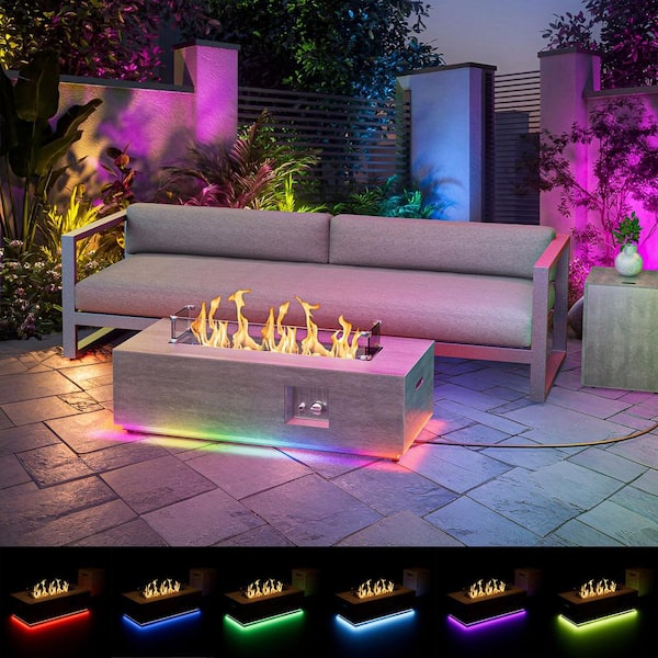 42 in. 50,000 BTU Rectangle Outdoor Propane Gas Fire Pit Table in Brown with RGB Light