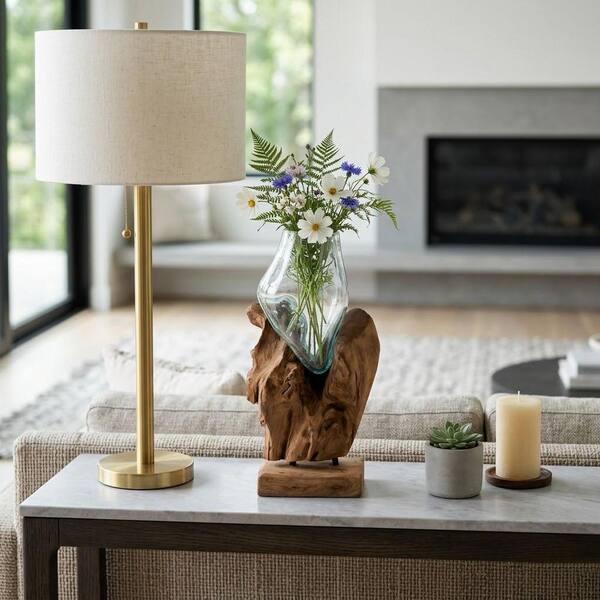 12 in. Brown/Clear Glass Decorative Geometric Vase in Wood Stand
