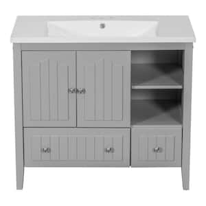 36 in. W x 18 in. D x 32 in. H Solid Wood Frame Single Sink Bath Vanity in Gray with White Ceramic Top Basin