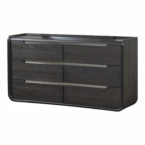 Wilter Black 6-Drawer 66 in. Dresser with Rounded Edges and Nickel Finish Stainless Steel Trim