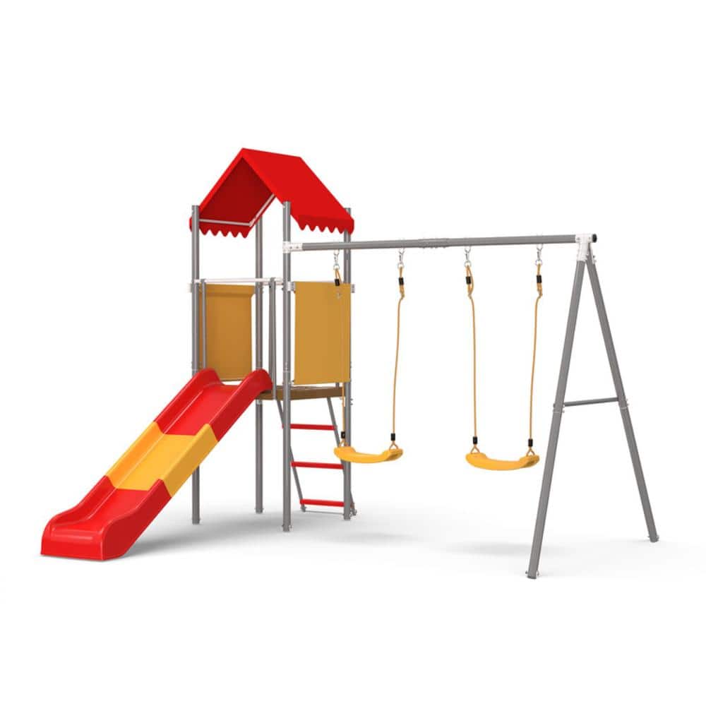 Kids Treehouse Swing Set with Slide, Belt Swings and Canopy, Metal Patio Swing Outdoor Playset, Orange-Red price history on PriceWatchPro