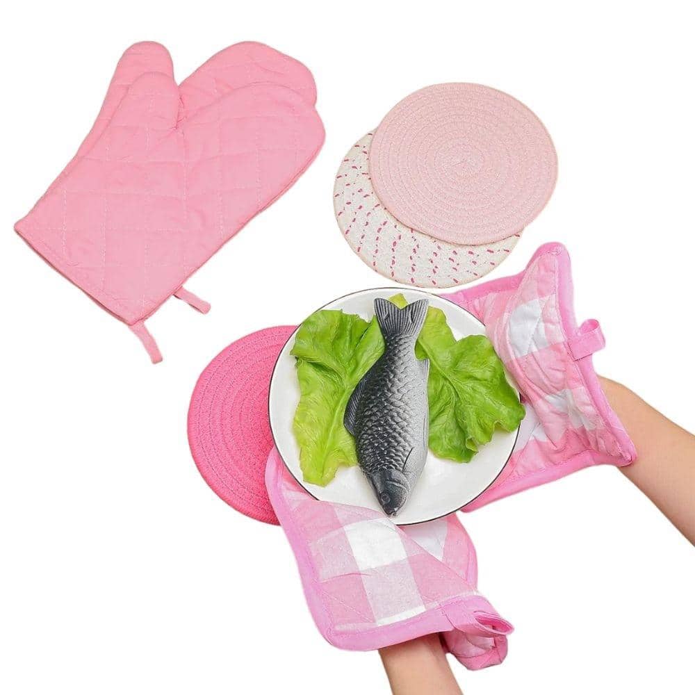 Pink and White Cotton Oven Mitts and Pot Holders Set