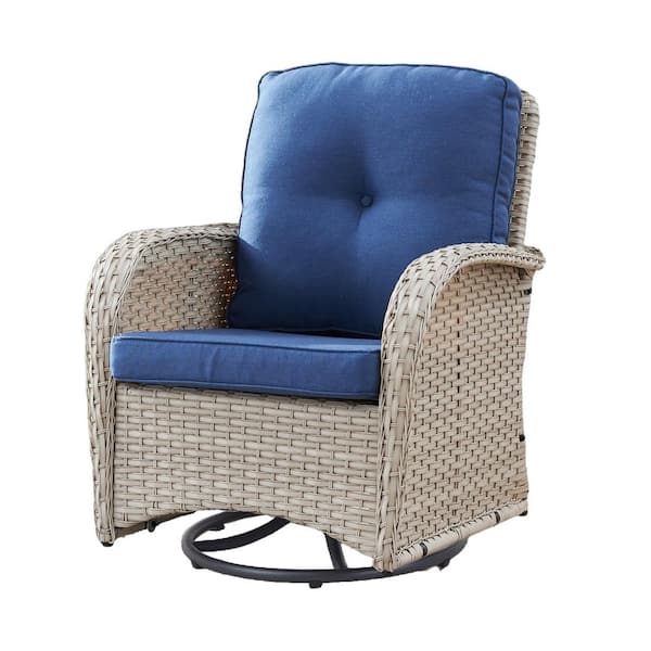 Light Beige Wicker Outdoor Rocking Chair with Olefin Blue Cushion and Gliding Function (1-Pack)