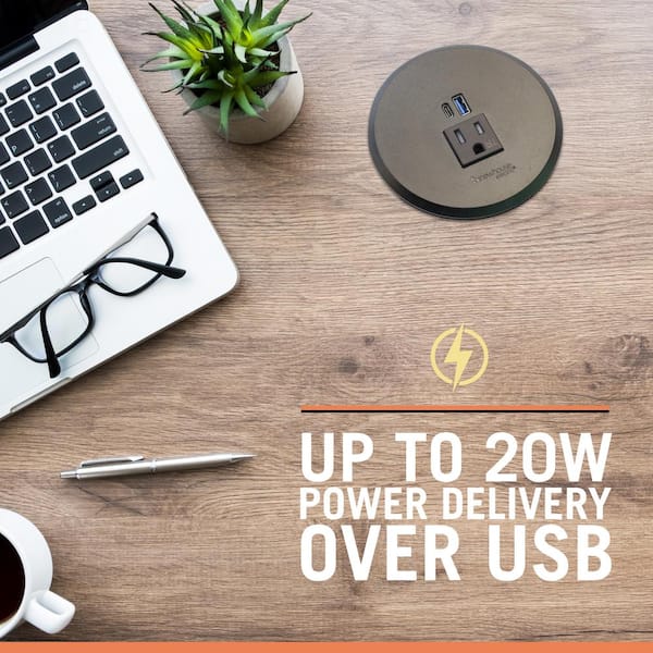 2-4 in. Universal Desk Grommet with Tamper Resistant Electrical Outlet, USB Ports, and 6.5 ft. Cable