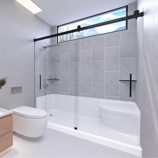NuVo Slate Grey-Tetherow 60 in. W. x 32 in. x 83 in. Base/Wall/Door Seated Base Alcove Shower Stall/Kit Matte Black Left