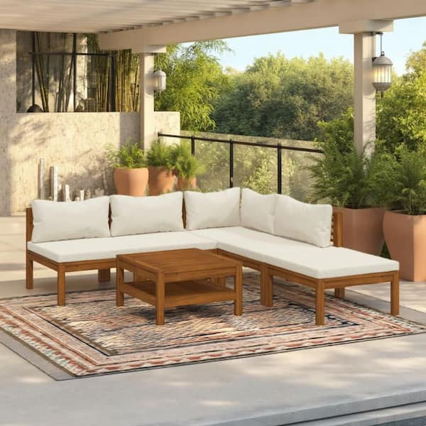 Lave 6-Piece Wood Outdoor Sectional Sofa Set with Ivory Cushions and Coffee Table