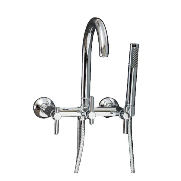 PELHAM & WHITE Modern 3-Handle Wall Mount Tub Faucet with Handshower and Hose, Metal Levers, in Chrome