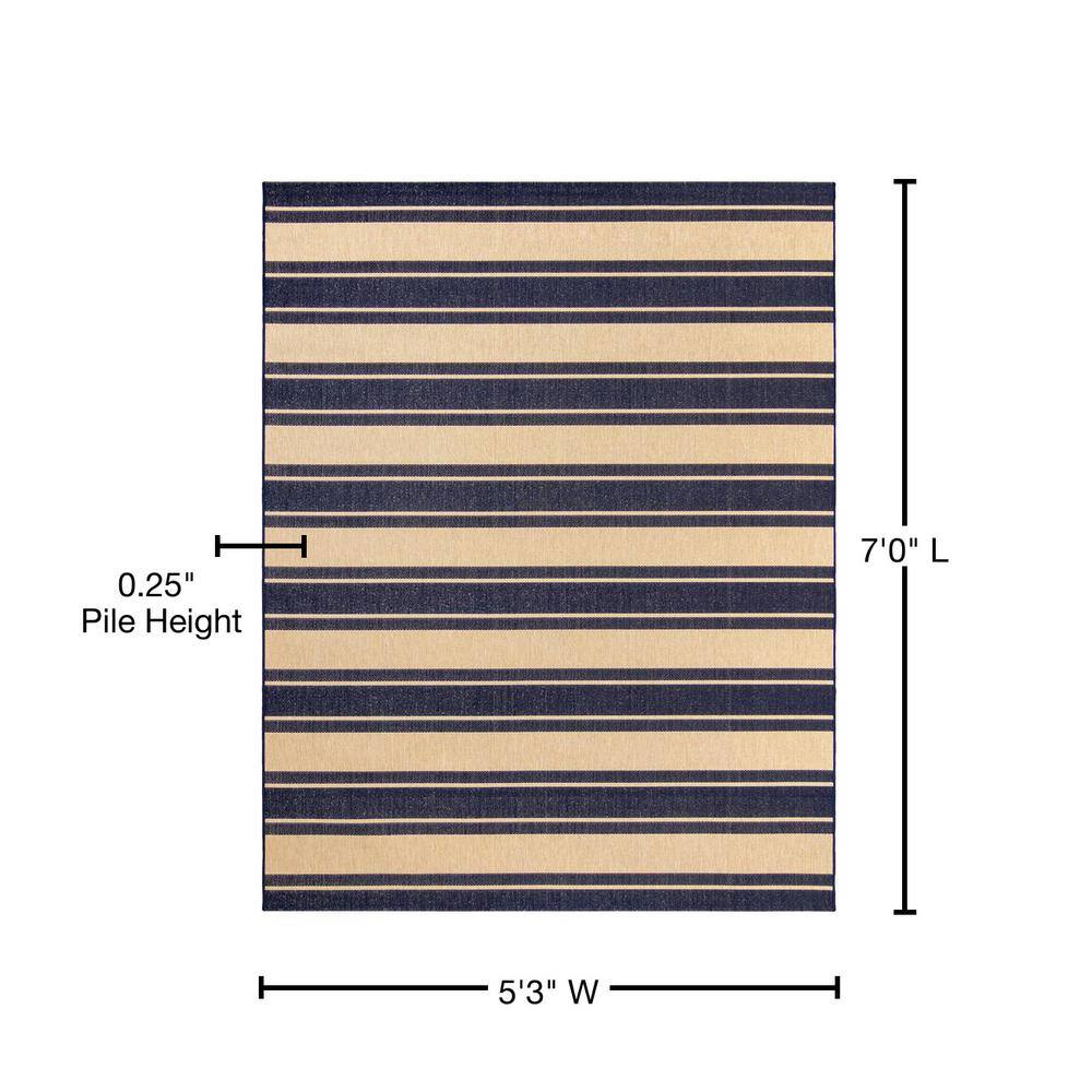 Paseo Navy and Beige Striped Outdoor Rug 5'3"x7'