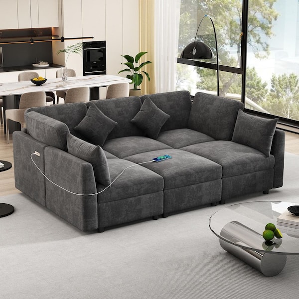 86.6 in. Square Arm Chenille U-Shaped Sofa in Black with A Movable Ottoman and 2 USB Ports