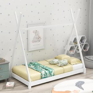 White Wood Frame Twin Size House Platform Bed with Triangle Structure and X-Shaped Safety Railings