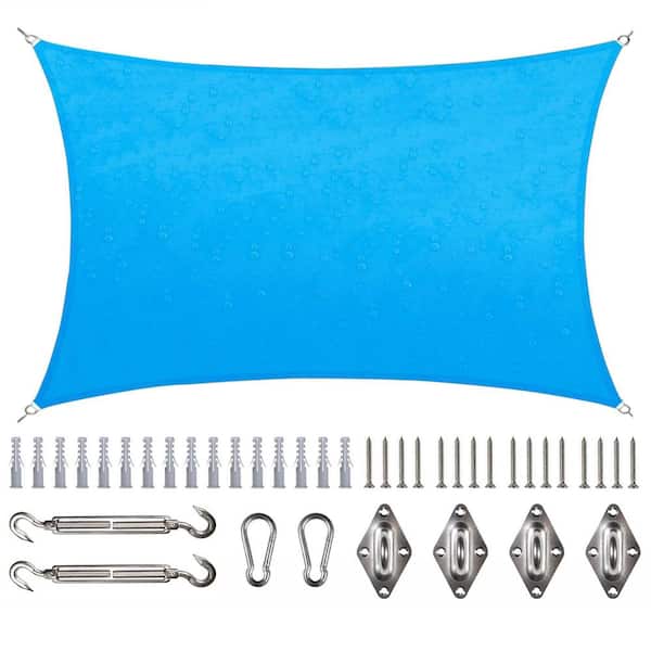 7 ft. x 12 ft. Waterproof Blue Rectangle Sun Shade Sail 220 GSM with Hardware Installation Kit
