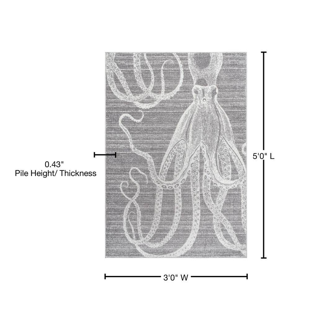 Gray and White Striped Octopus Synthetic Area Rug