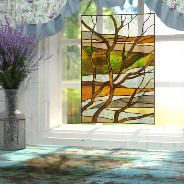 River of Goods Stacked Teacups Stained Glass Window Panel, Pink