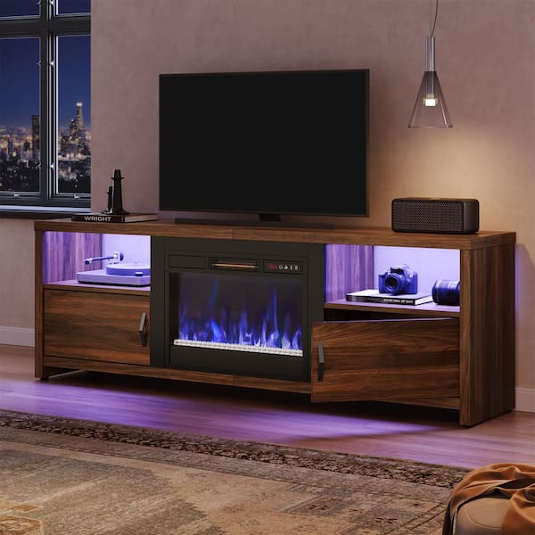 Bestier 70 in. Walnut LED TV Stand Fits TV's Up to 75 in. Entertainment Center with Fireplace and Cabinets