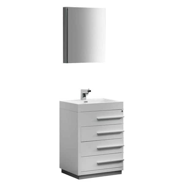 Livello 24 in. Vanity in White with Acrylic Vanity Top in White with White Basin and Mirrored Medicine Cabinet