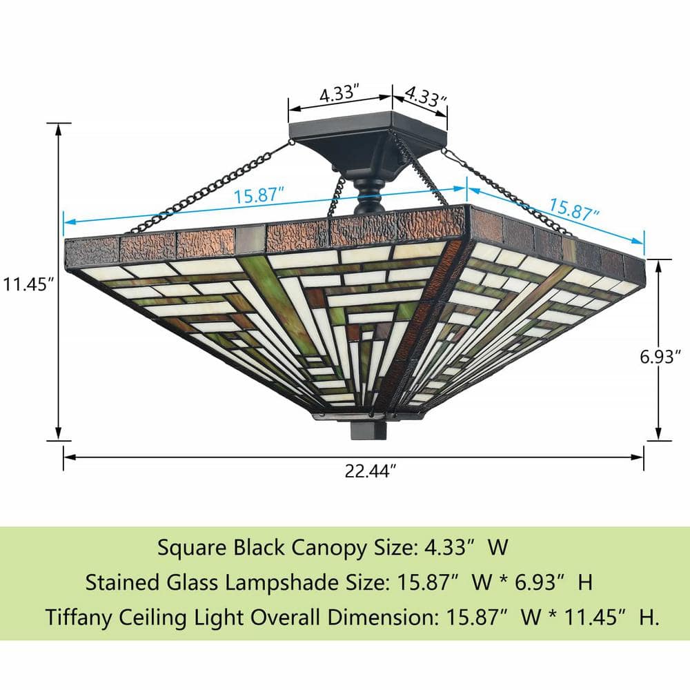 Tiffany Style Black and Multicolor Stained Glass Semi Flush Mount Light