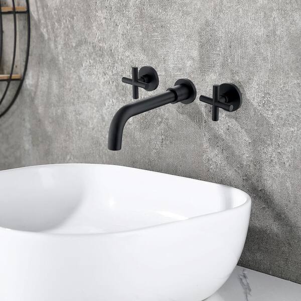 2-Handle Wall Mount Bathroom Faucet with Cross Handles in Matte  