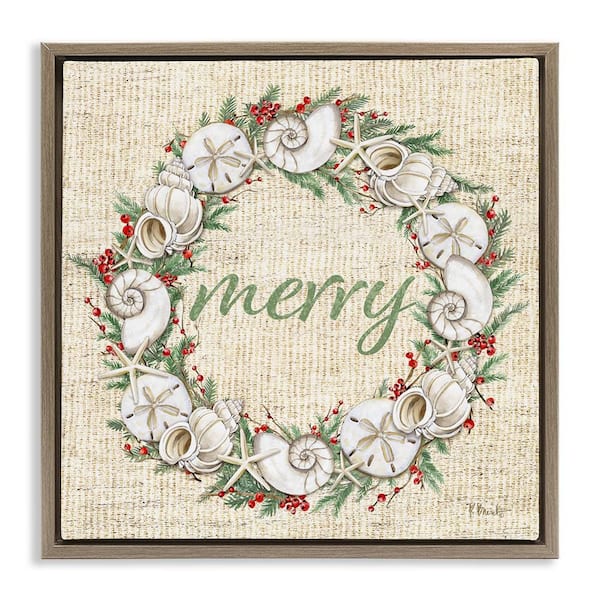 Stupell Industries Shells and Holly Merry by Paul Brent Brown Floater Frame Typography Graphic Art Print 18 in. x 18 in.