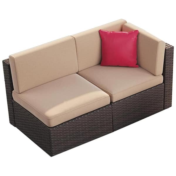 Sizzim 2-Pieces Outdoor Wicker Patio Conversation Set Rattan Sectional Sofa with Beige Cushions for Small Size (Brown)