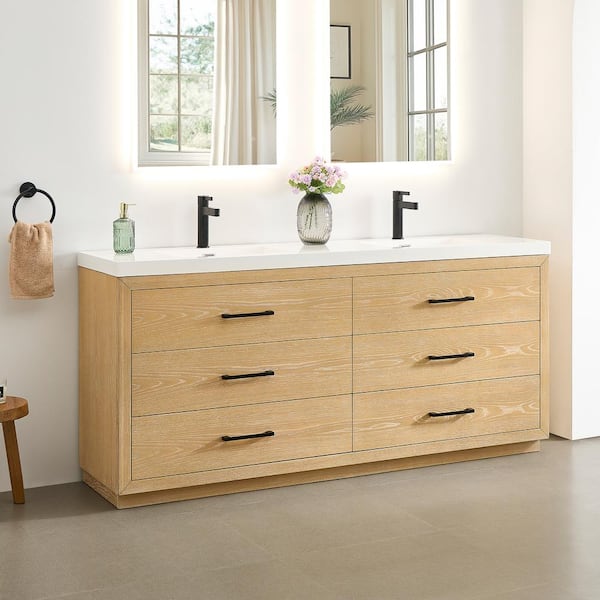 Sigrid 72 in. Double Freestanding White Oak Bath Vanity with White Artificial Stone Top Assembled