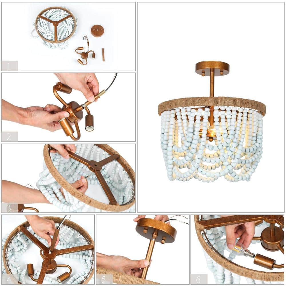 Antique Gold and Blue Beaded Farmhouse Semi-Flush Mount Light