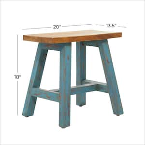 18 in. Blue Wood Stool with Brown Wood Top