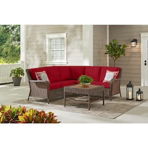 Cambridge 4-Piece Brown Wicker Outdoor Patio Sectional Sofa and Table with CushionGuard Chili Red Cushions