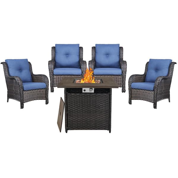 Pocassy 5 Piece Wicker Patio Chairs for 4 with 30 in. Gas Propane Fire Pit Table Outdoor Chair Sets