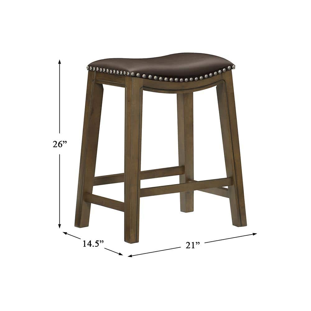 Brown Faux Leather Saddle Seat Counter Stool with Nailhead Trim