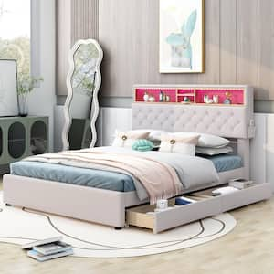 Beige Linen Wood Frame Full Size Platform Bed with Storage Headboard and USB Charging