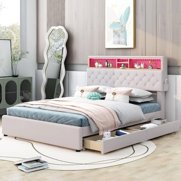 Nestfair Beige Linen Wood Frame Full Size Platform Bed with Storage Headboard and USB Charging