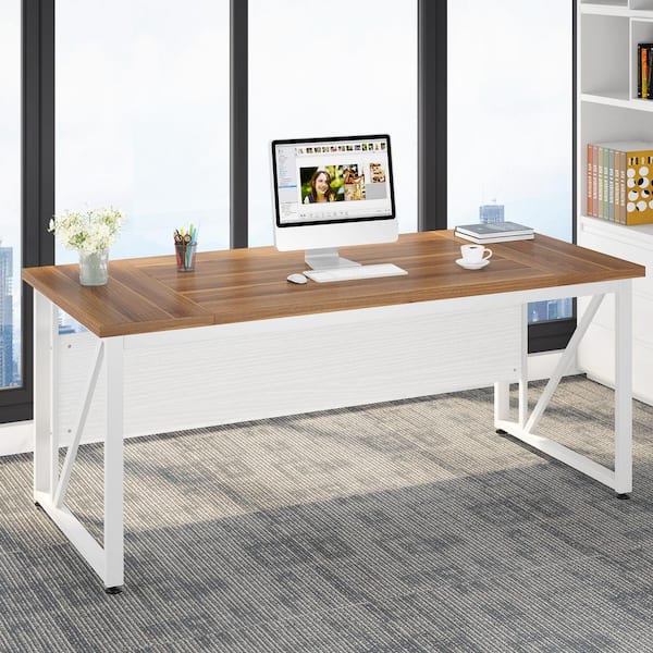 BYBLIGHT Moronia 63 in. Rectangular Brown and White Engineered Wood Computer Desk