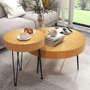 31.5 in. Farmhouse Natural Finish Round Wood Coffee Table Set of 2-End Table for Living Room