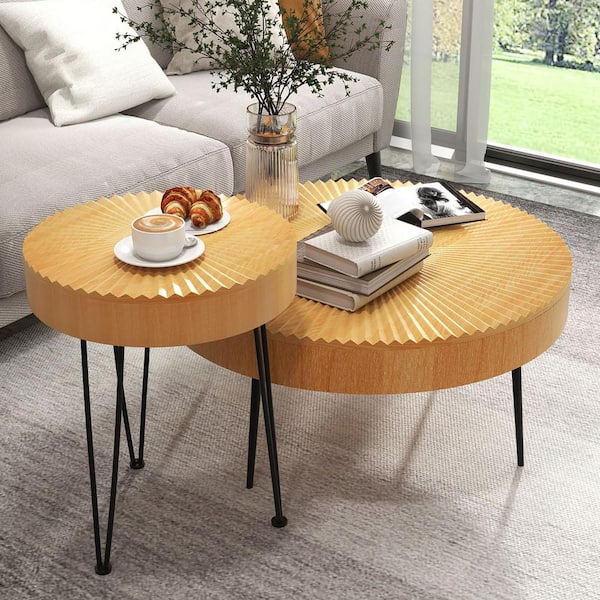 Costway 31.5 in. Farmhouse Natural Finish Round Wood Coffee Table Set of 2-End Table for Living Room
