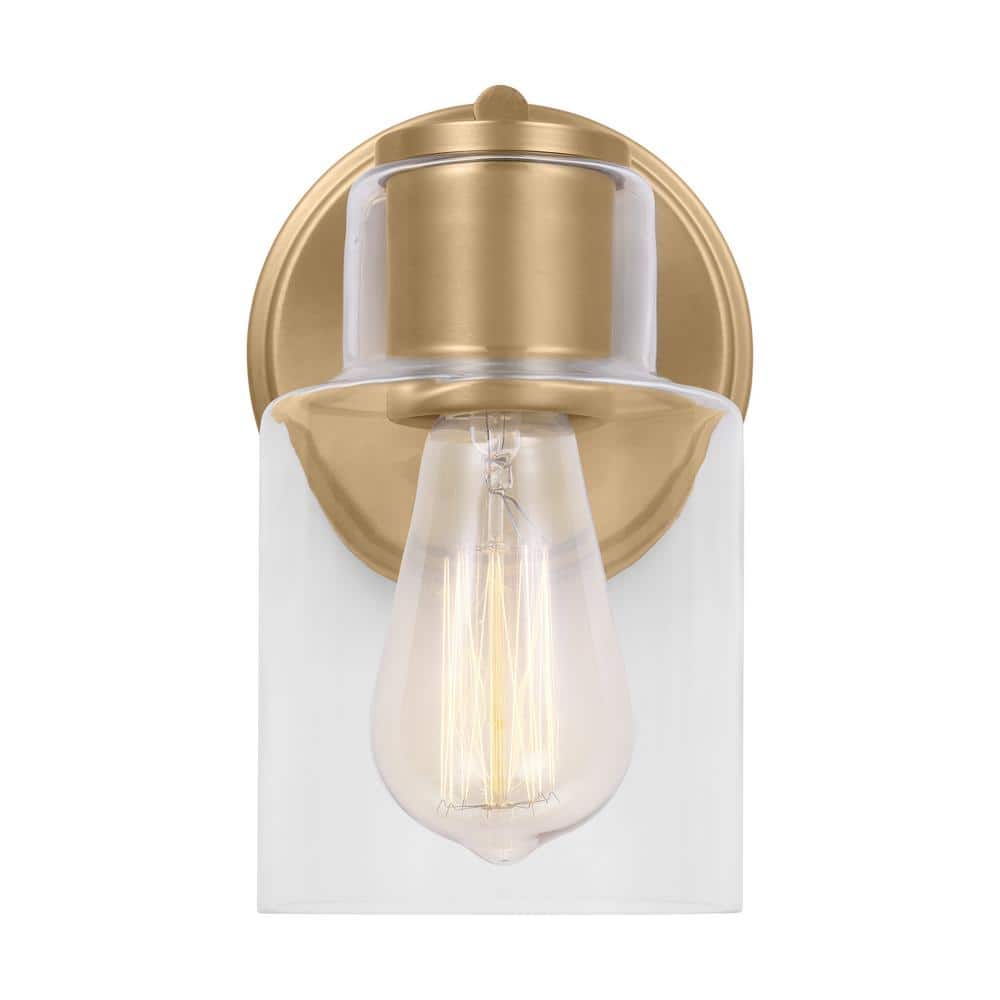 Satin Brass and Clear Glass Single Light Vanity Sconce