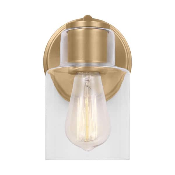 SCOTT LIVING Sayward 5 in. x 7.875 in. H 1-Light Satin Brass Bathroom Wall Sconce with Clear Glass Shade