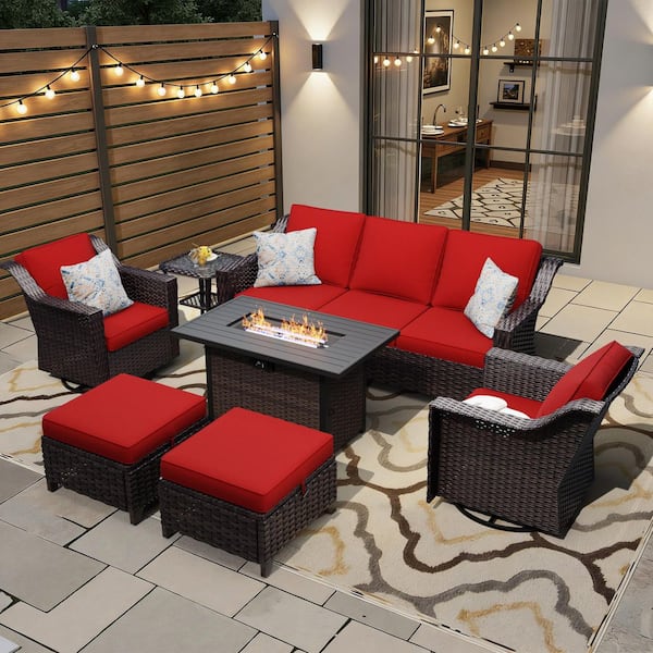 7-Piece Fire Pit Patio Set Wicker Outdoor Patio Conversation Set with Swivel Rocking Chairs, Ottomans and Red Cushions