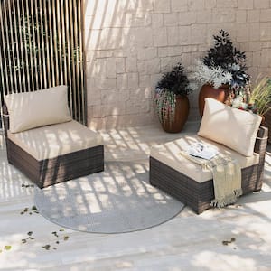 2-Pieces Brown Wicker Patio Conversation Seating with Beige Cushions