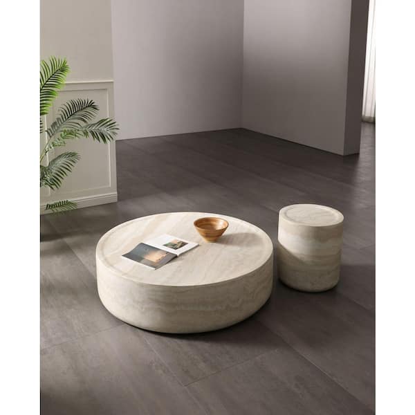 Modrest Cozad Modern 43.3 in. Faux Travertine Round Glass Coffee Table