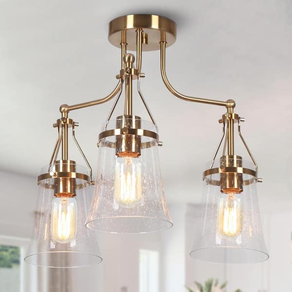 LNC 18.9 in. 3-Light Brass Modern Semi-Flush Mount with Bell Seeded Glass Shades and No Bulbs Included