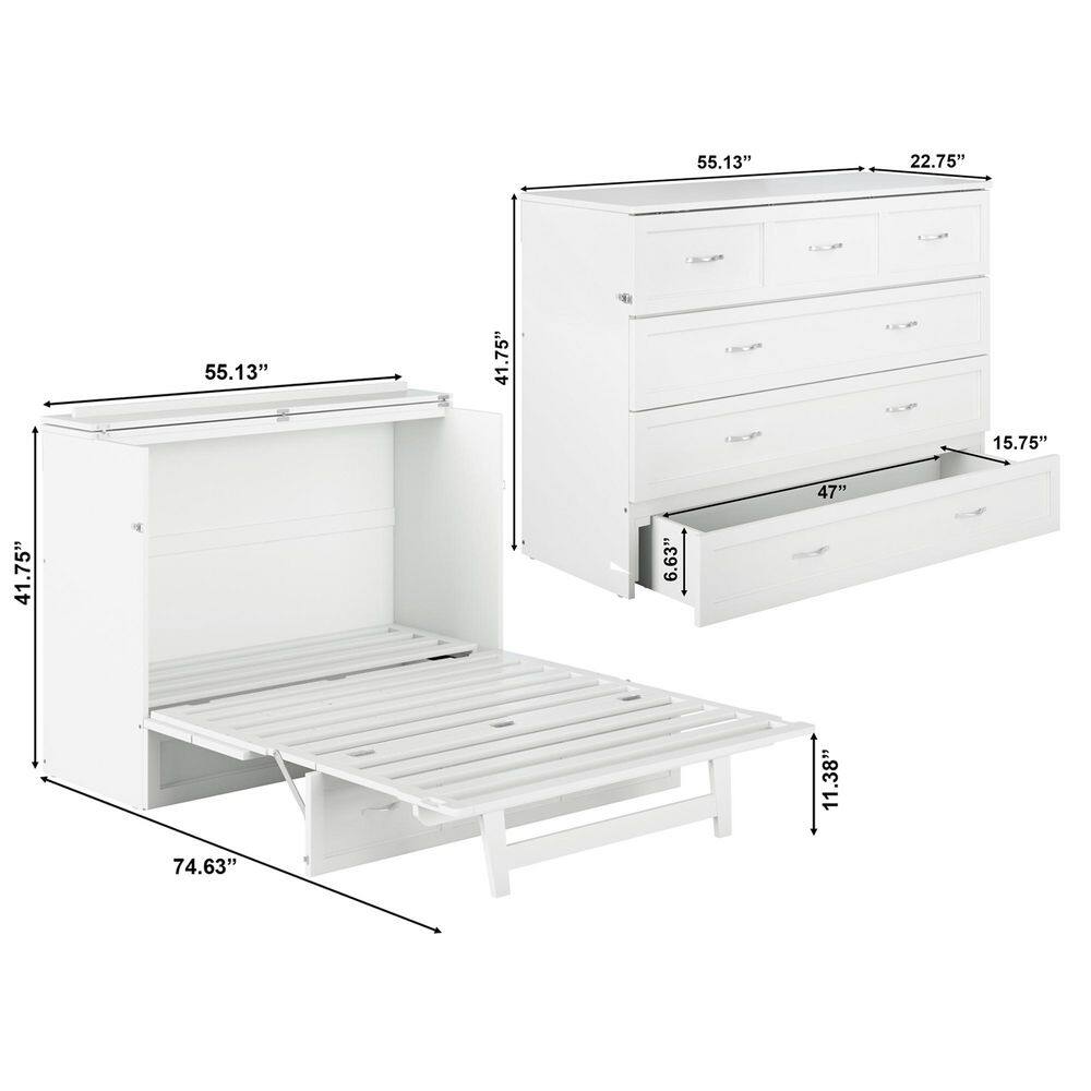 White Wood Frame Full Murphy Bed Chest with Storage Drawer