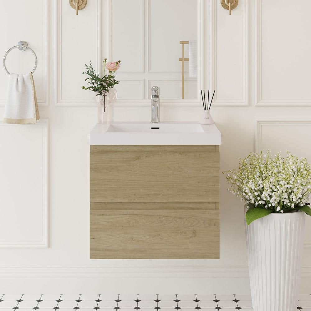 24 in. Single Sink Floating Natural Oak Bath Vanity with White Resin Top Assembled price history on PriceWatchPro