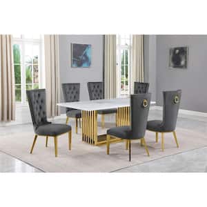 Lisa 7-Piece Rectangular White Marble Top Gold Chrome Base Dining Set with Dark Gray Velvet Chairs Seats 6