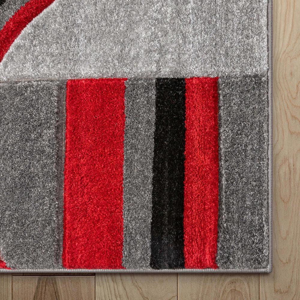 Large Gray and Red Synthetic Geometric Area Rug