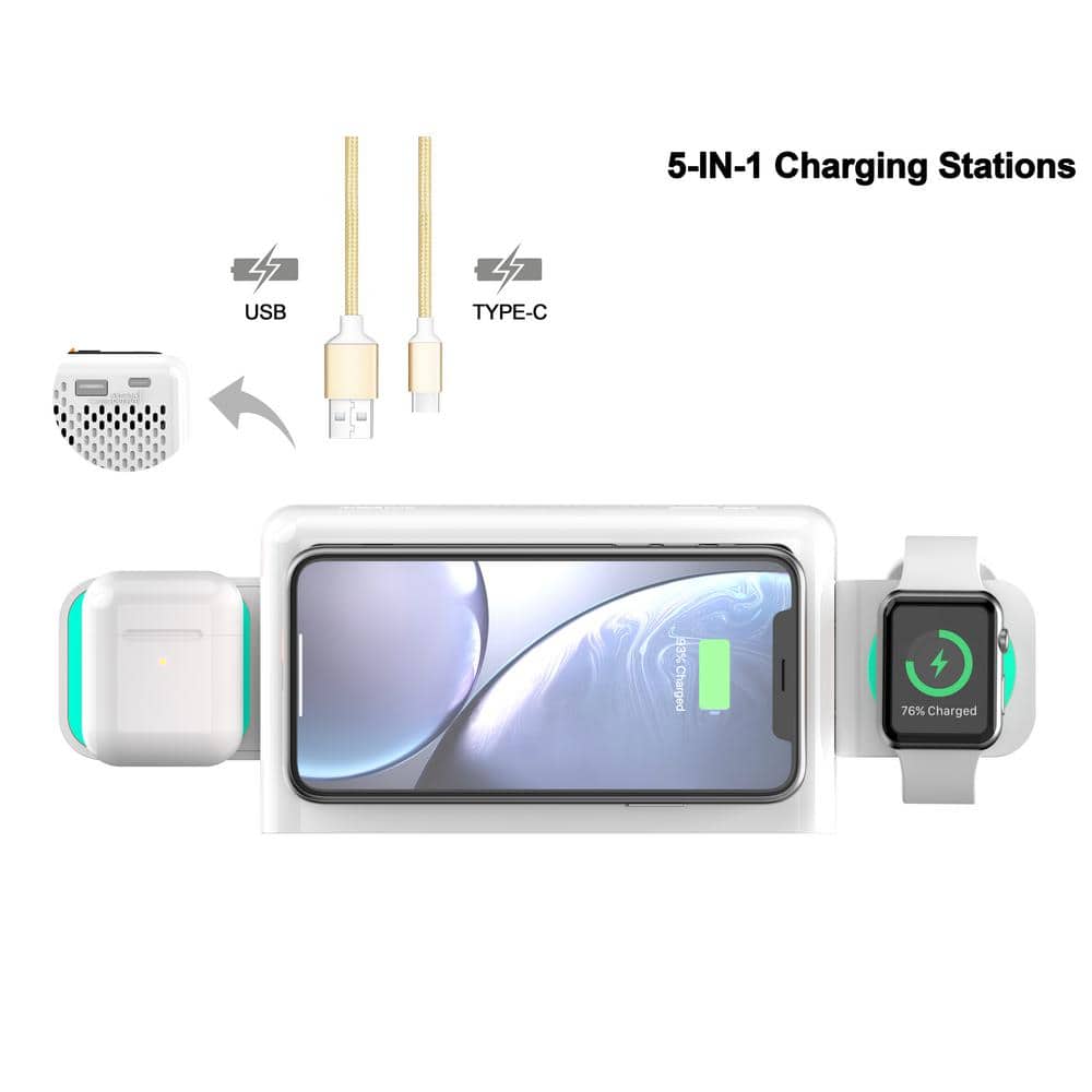 White Digital Alarm Clock with Wireless Charging and Bluetooth Speaker