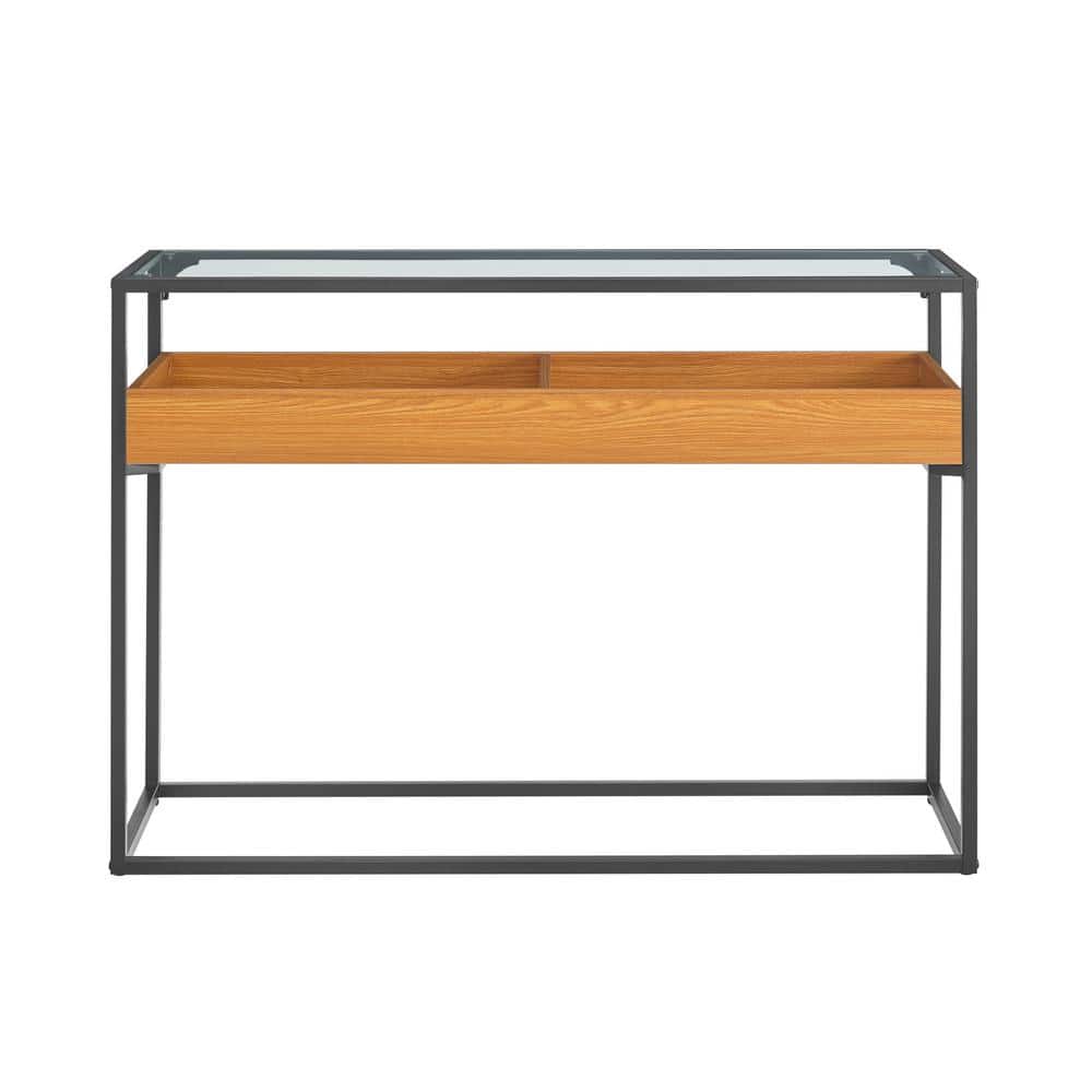 Golden Oak and Black Metal Console Table with Glass Top and Storage Shelf