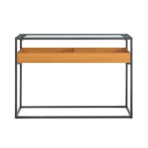 Saarinen 15.875 in. x 43.625 in. Golden Oak Two-Level Modern Sunken Glass Display Shelf Rectangle MDF Console Table