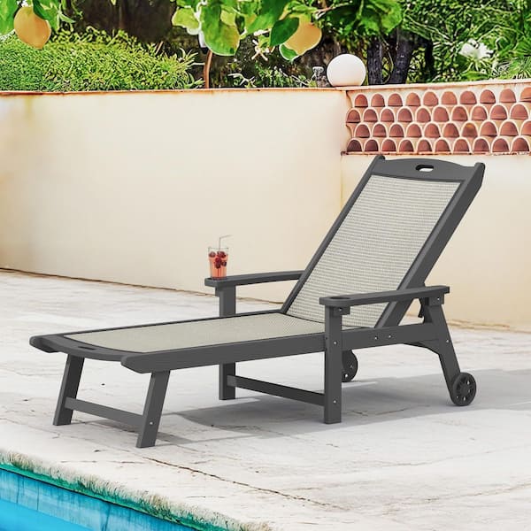 Heidi Dark Gray HDPS Plastic Outdoor Chaise Lounge Chair 5 Adjustable Positions Reclining with Wheels