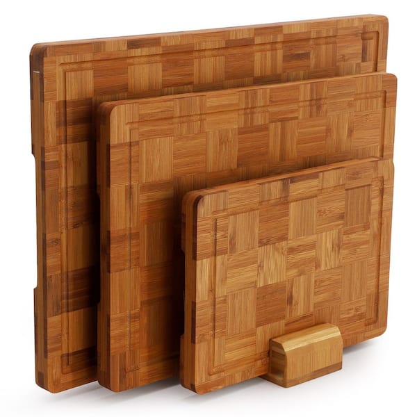 3-Piece 17 x 12 x 0.98 in. Bamboo Checkered Pattern Cutting Board Set with Storage Holder